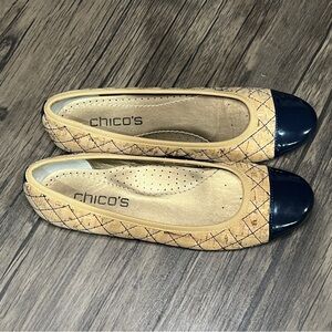 CHICOS SIZE 7 1/2 Sable Nat Cork Criss Cross Stitching  Ballet Flats Navy